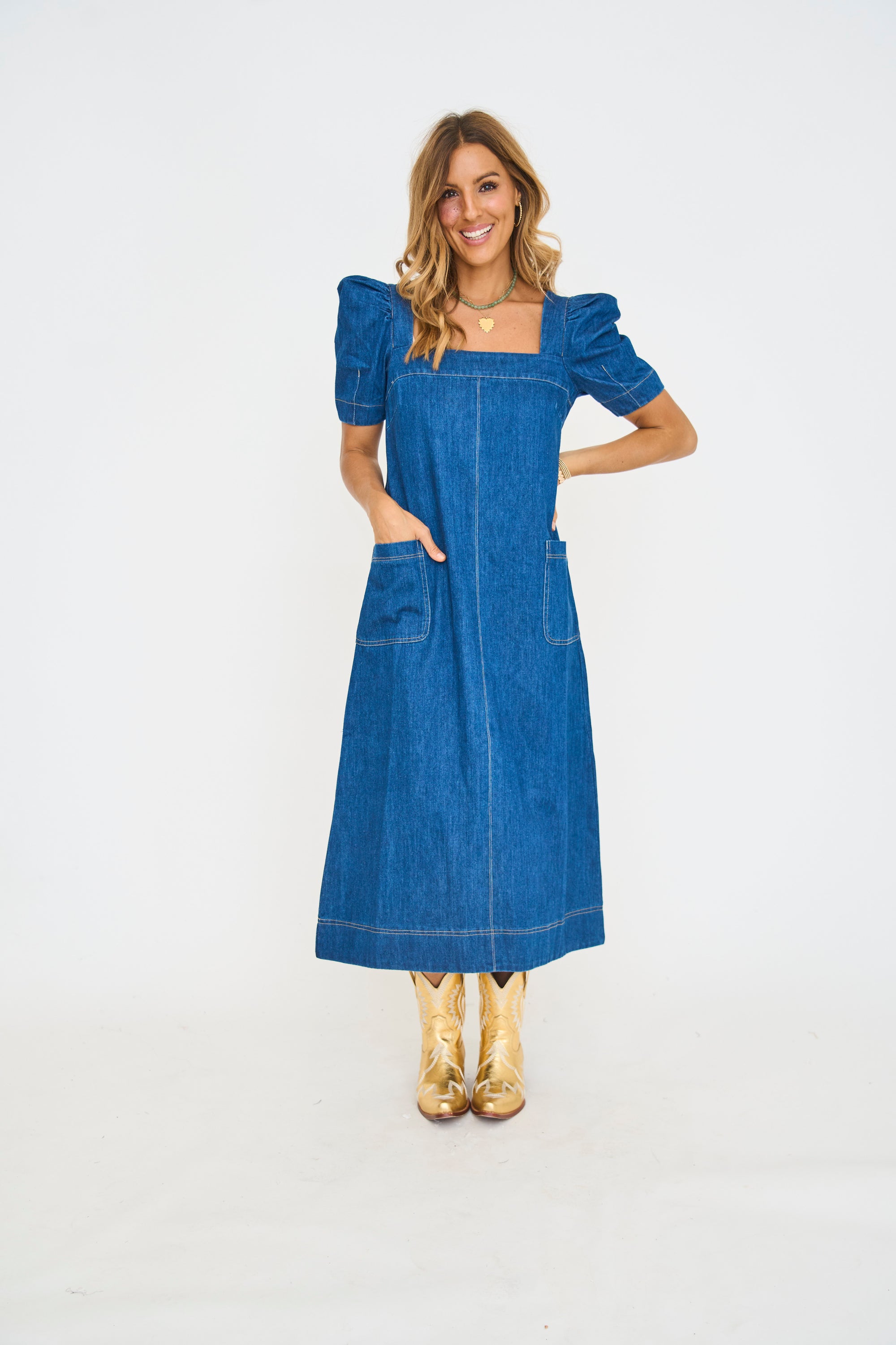 Square Neck Denim Midi