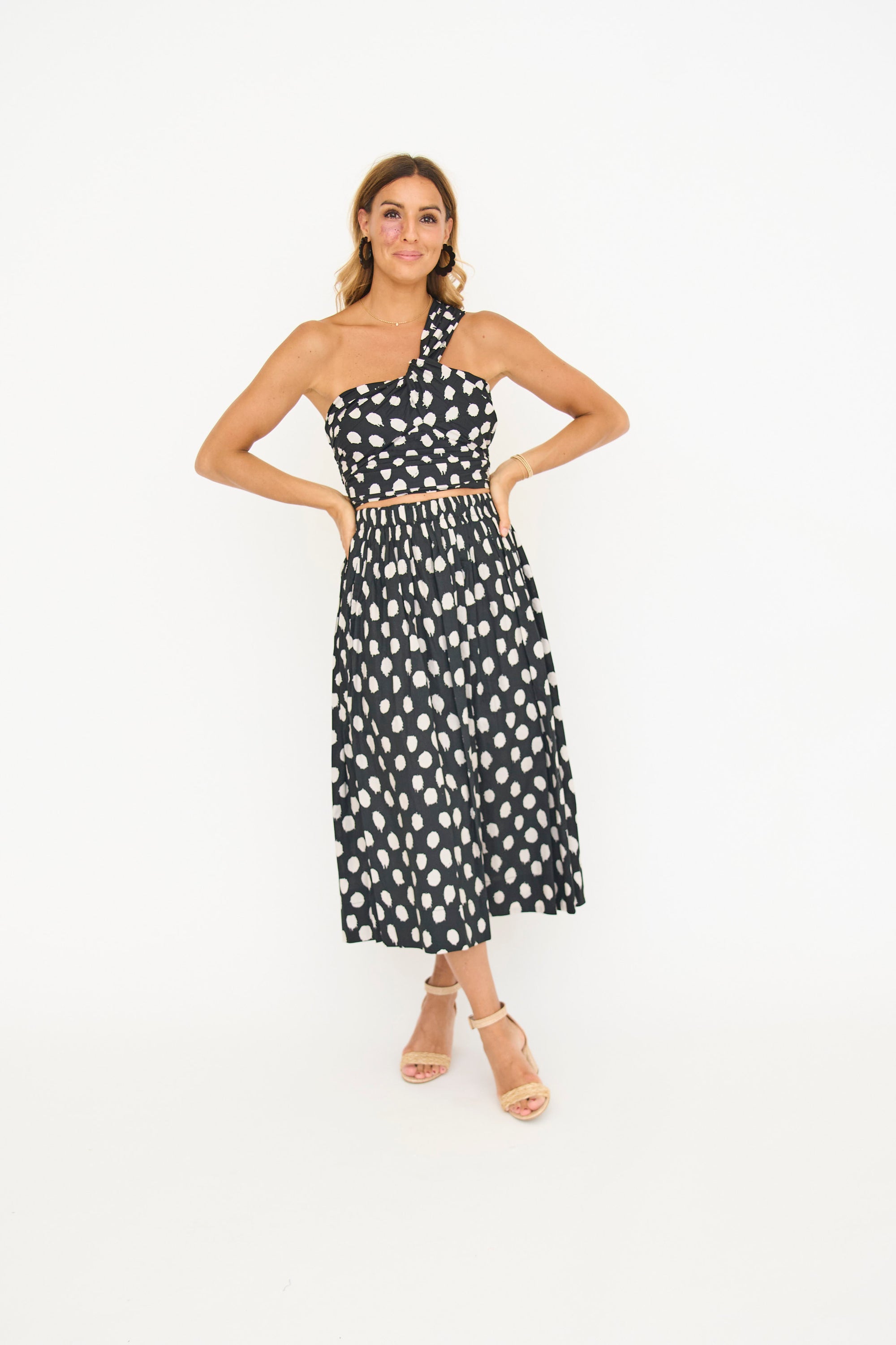 Sophia Polka Dot Print One Shoulder Top