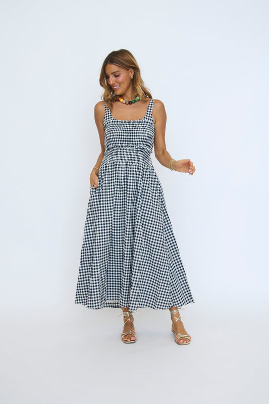 Gingham Smocked Bodice Midi Dress