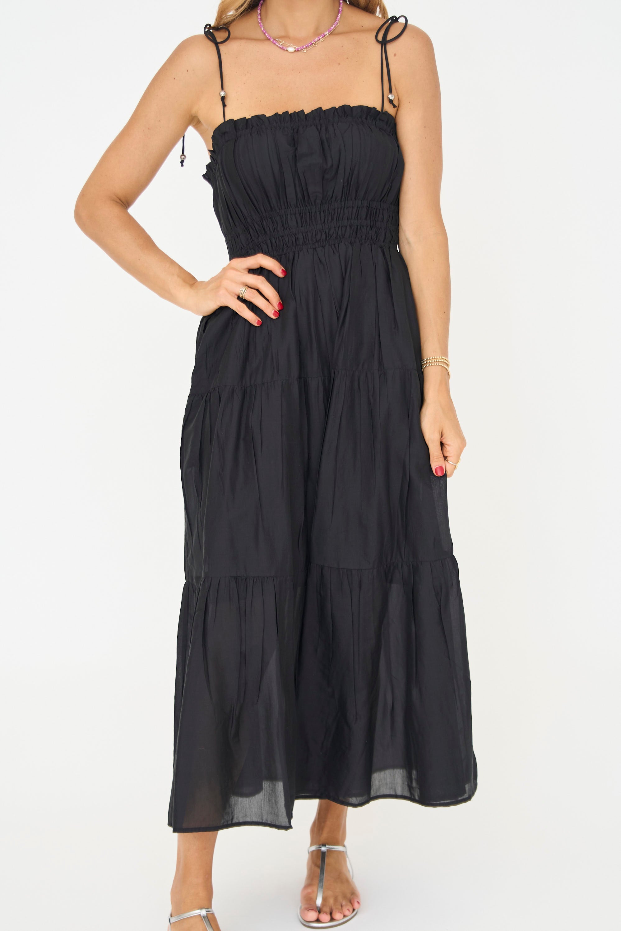 Amara Black Smocked Midi Dress