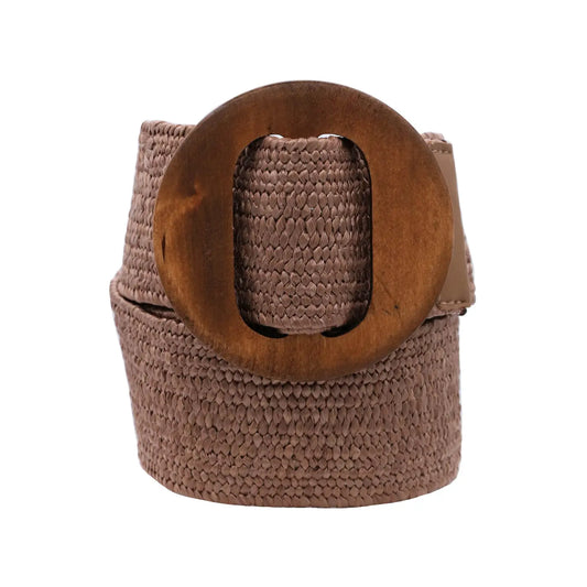 Elastic Straw Belt with Wood Buckle Accent