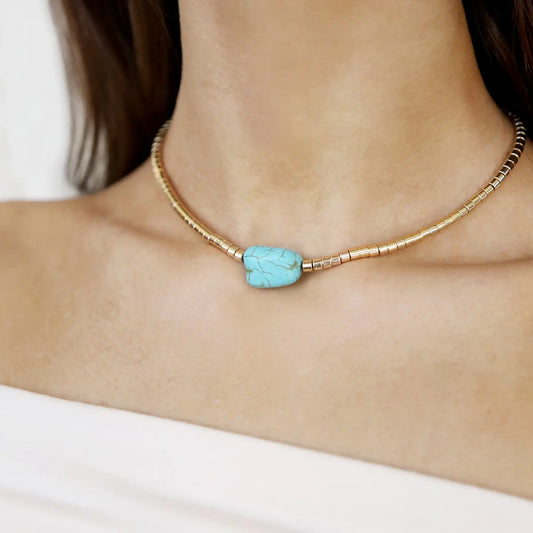Gold Beaded Turquoise Nugget Necklace