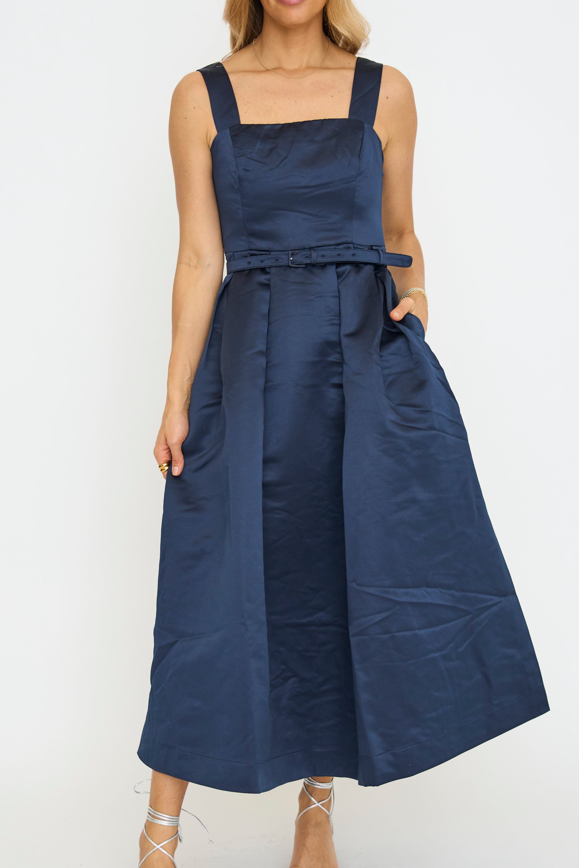 Satin Belted Midi Dress