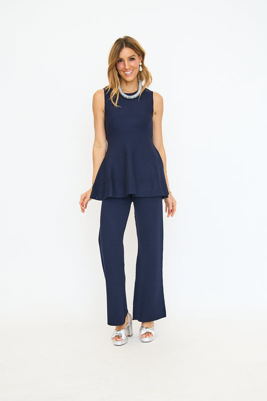 Flared Peplum Knit Set - Navy