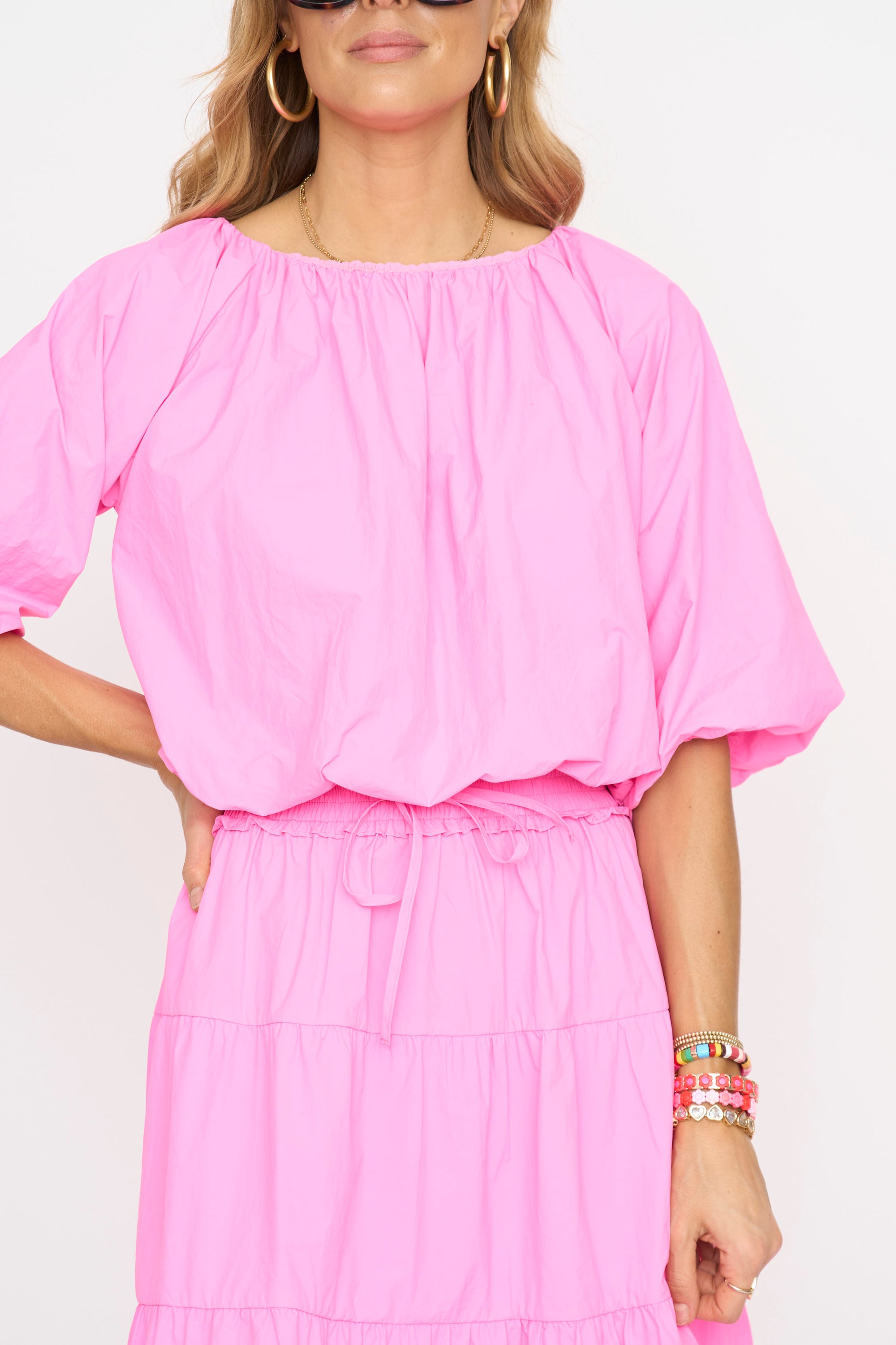 Hot Pink Mid Puff Sleeve Top