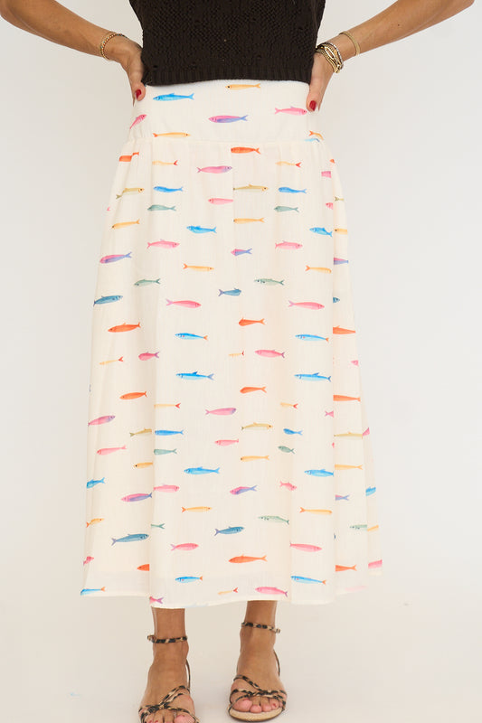 Fish Print Smocked Waist Midi Skirt