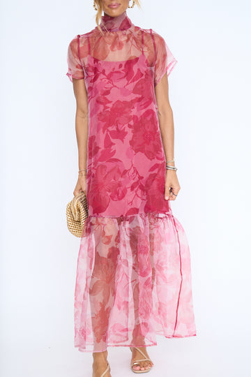 Burgundy Ellery Floral Dime Organza Maxi Dress