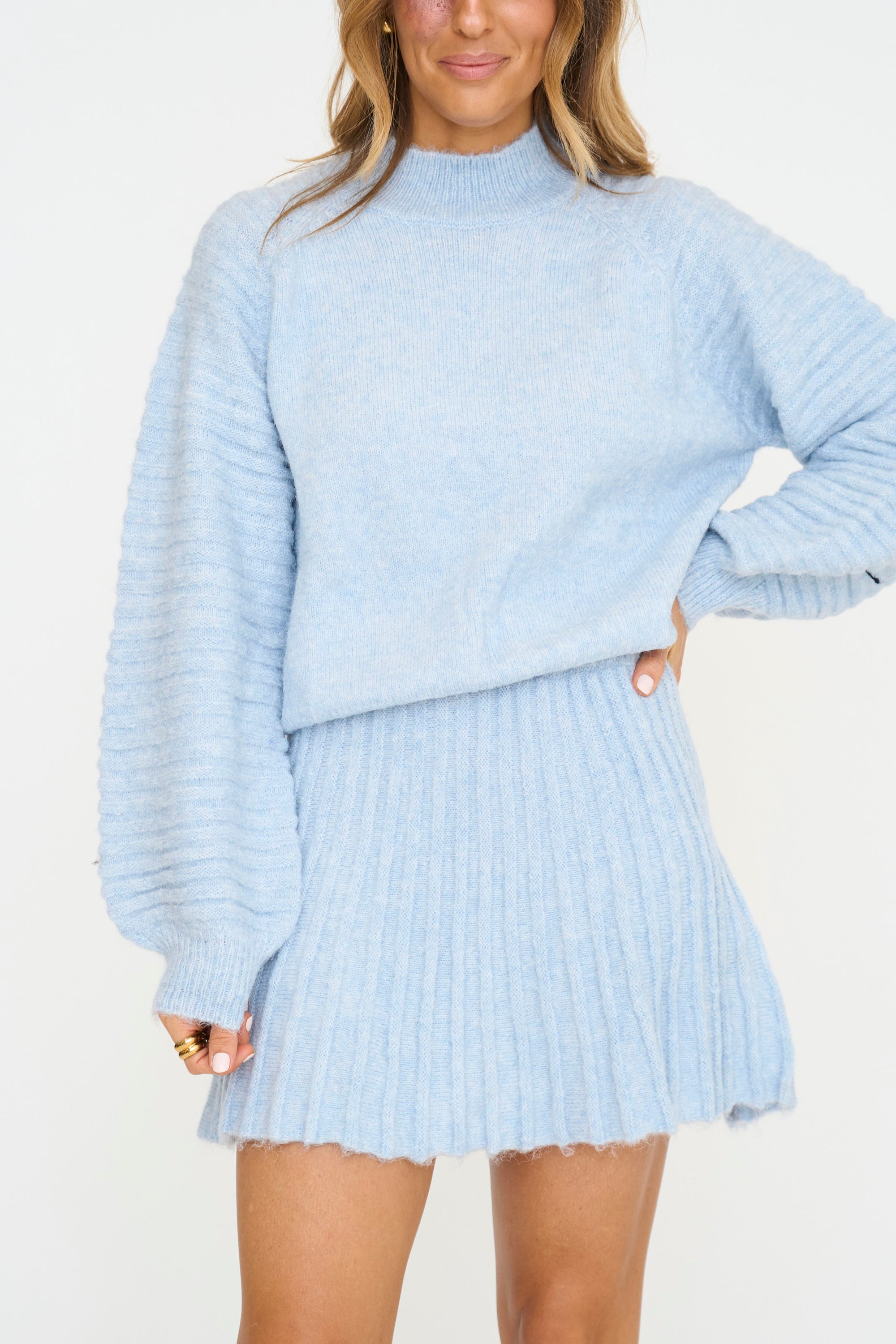 Gabrielle Balloon Sleeve Sweater and Pleated Mini Skirt Set