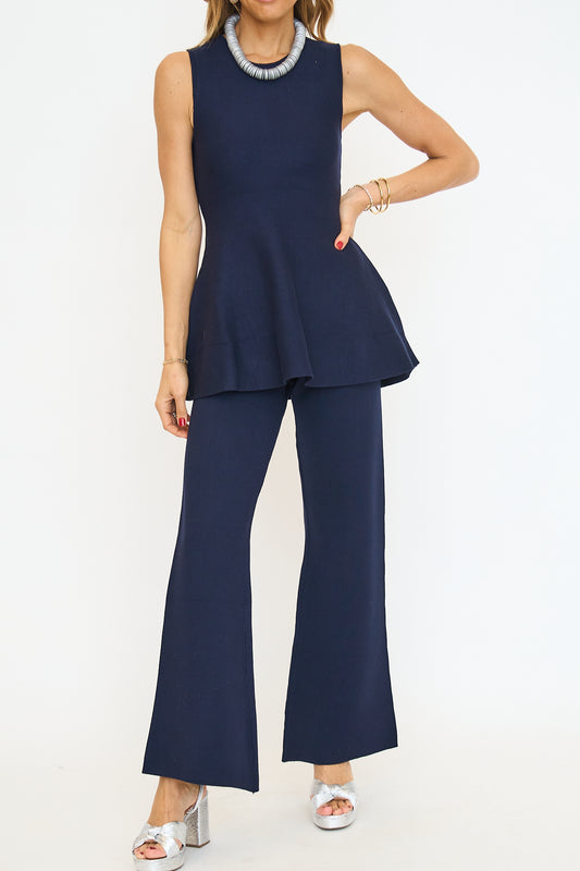Flared Peplum Knit Set - Navy