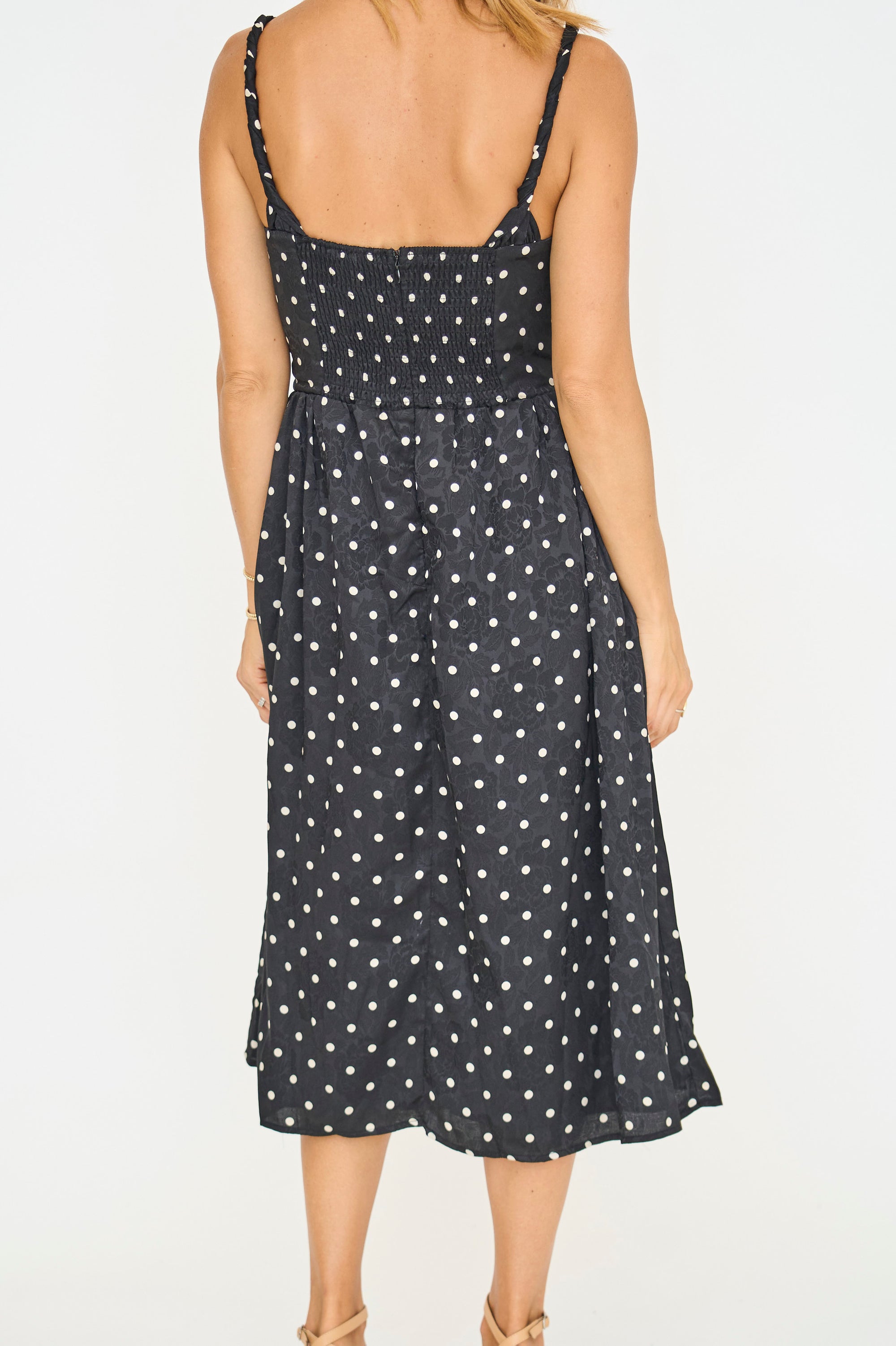 Lena Ruched Polka Dot Midi Dress