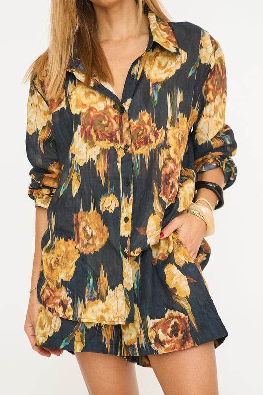 Abstract Floral Print Linen Shirt & Shorts Set