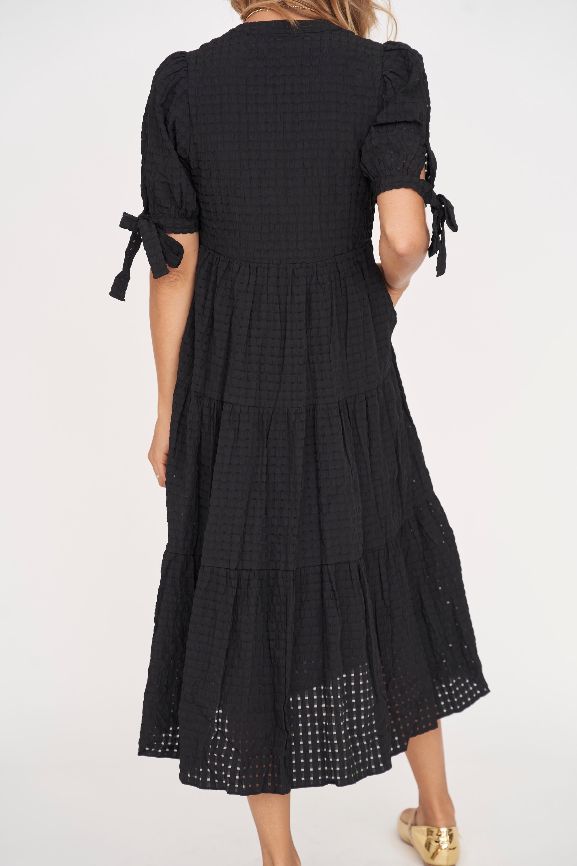 Gingham Tiered Dress with Bow-Tie Sleeves in Black