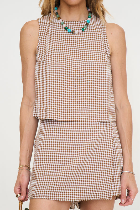 Gingham Checkered Sleeveless Top and Skort Set