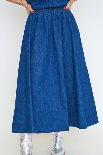 Elastic Waist Denim Maxi Skirt