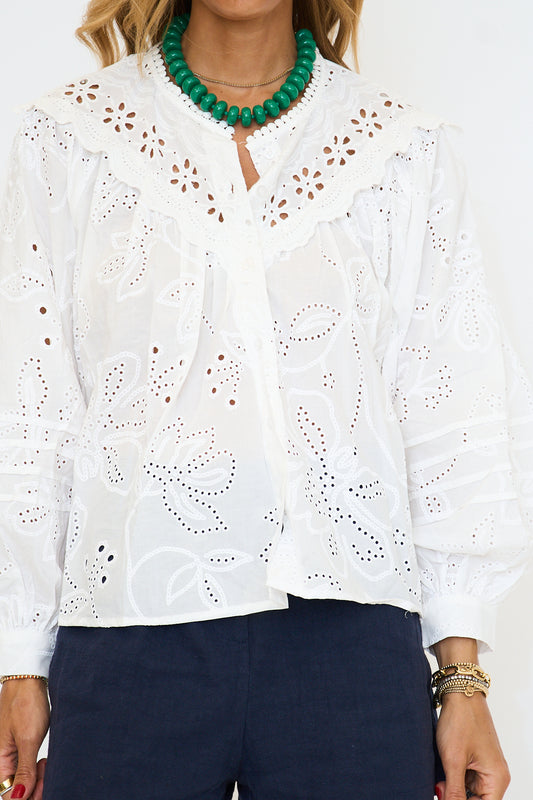 Eyelet Cotton Long Sleeve Blouse