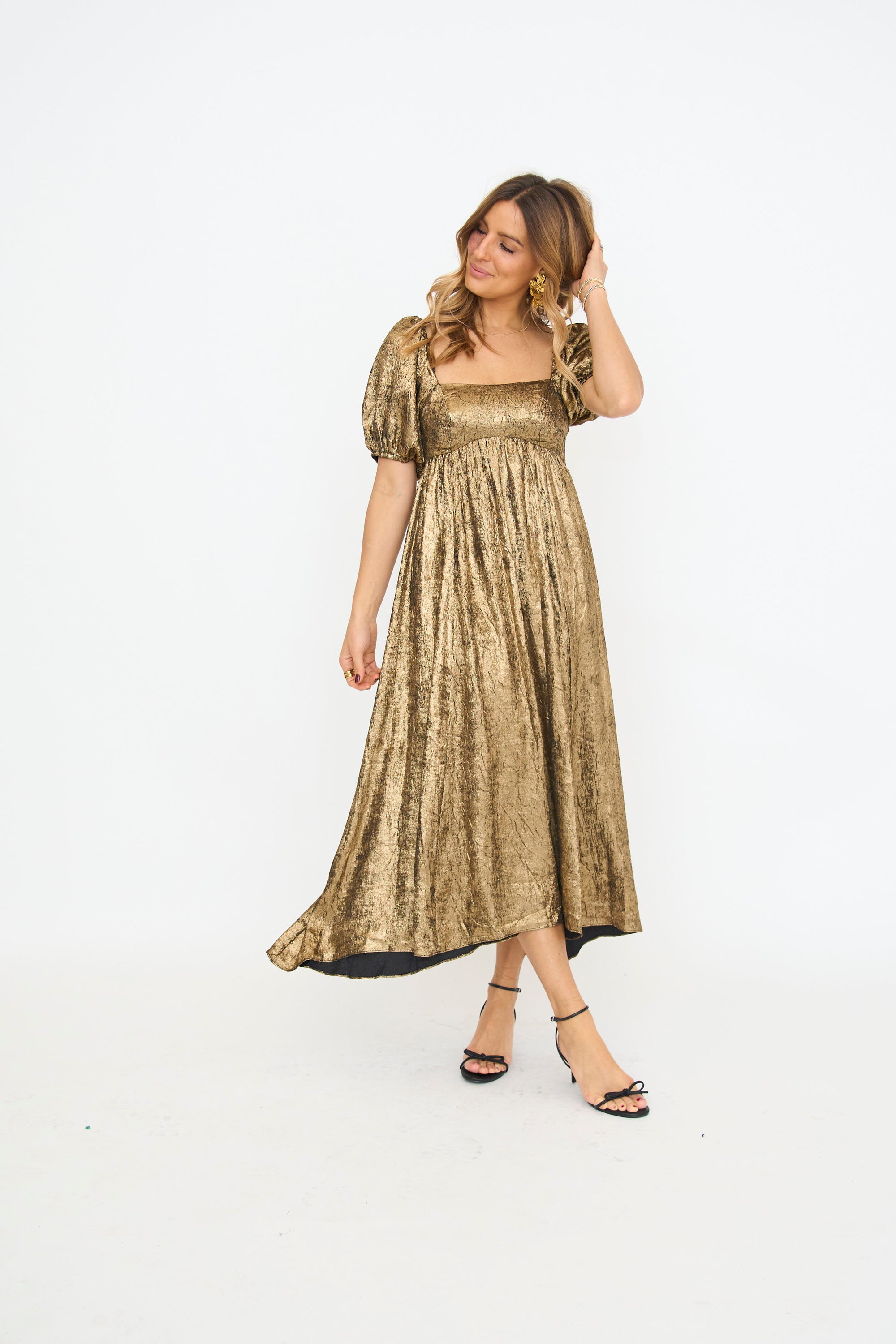 Metallic Puff Sleeve Midi Dress