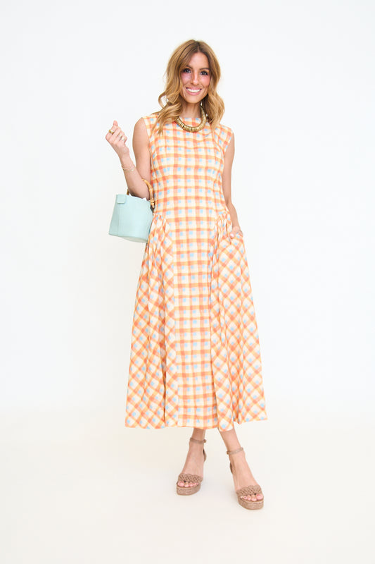 Basque Waist Plaid Midi Dress
