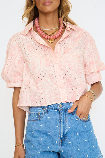 Blush Eyelet Button Puff Sleeve Top