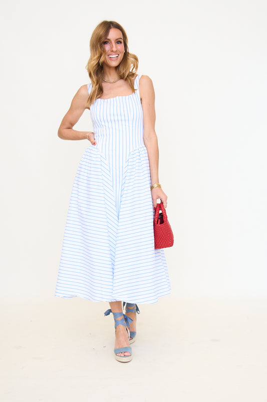 Striped Sleeveless Side Gathered Flared Midi Dress
