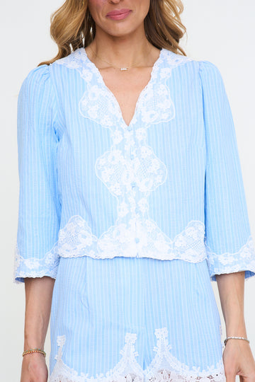 Zoey Button Up Lace Trim Stripe Top