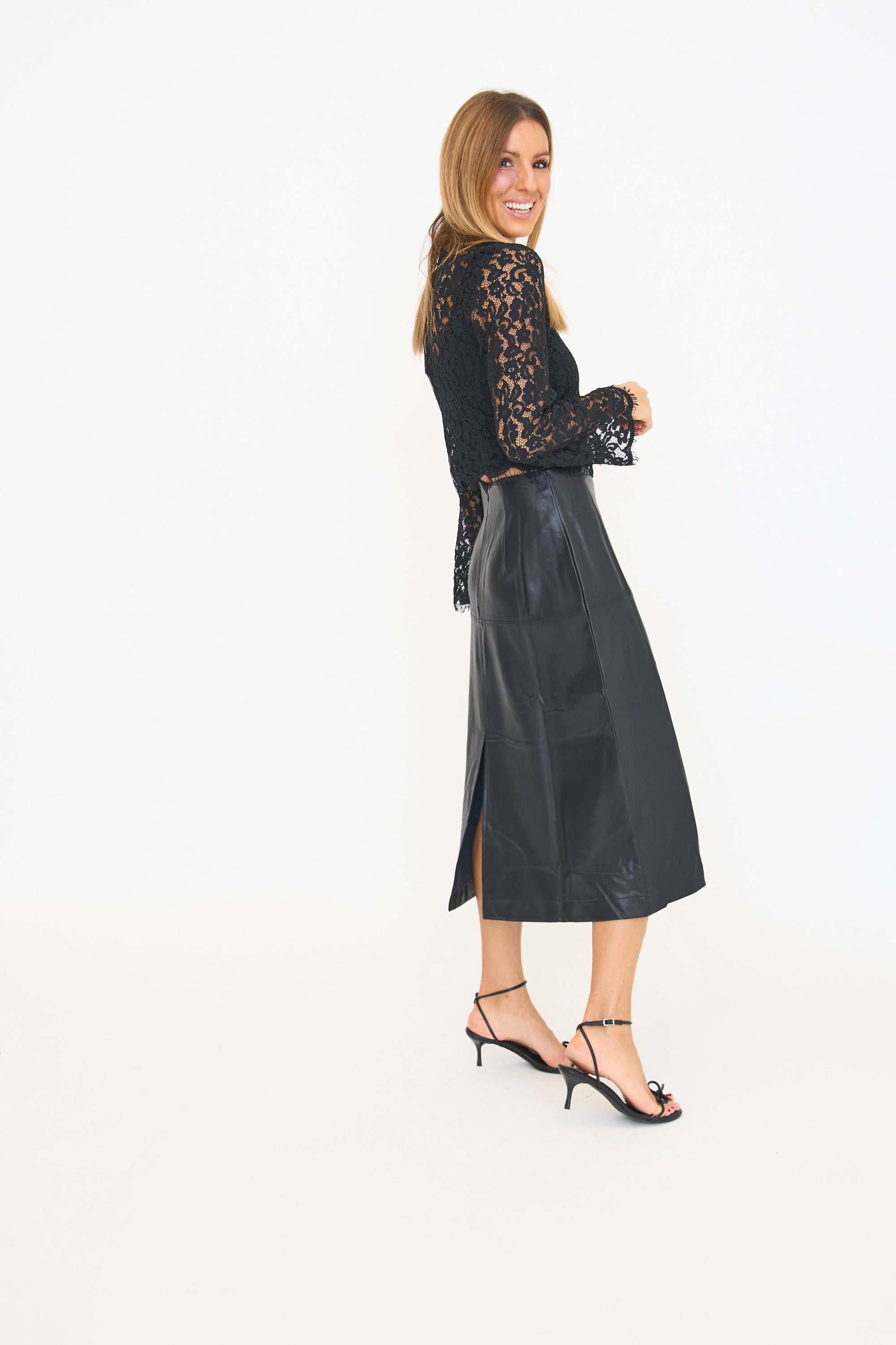 Yuria Faux Leather Midi Skirt