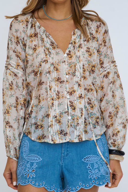Pintuck Detail Ditsy Flower Print Blouse
