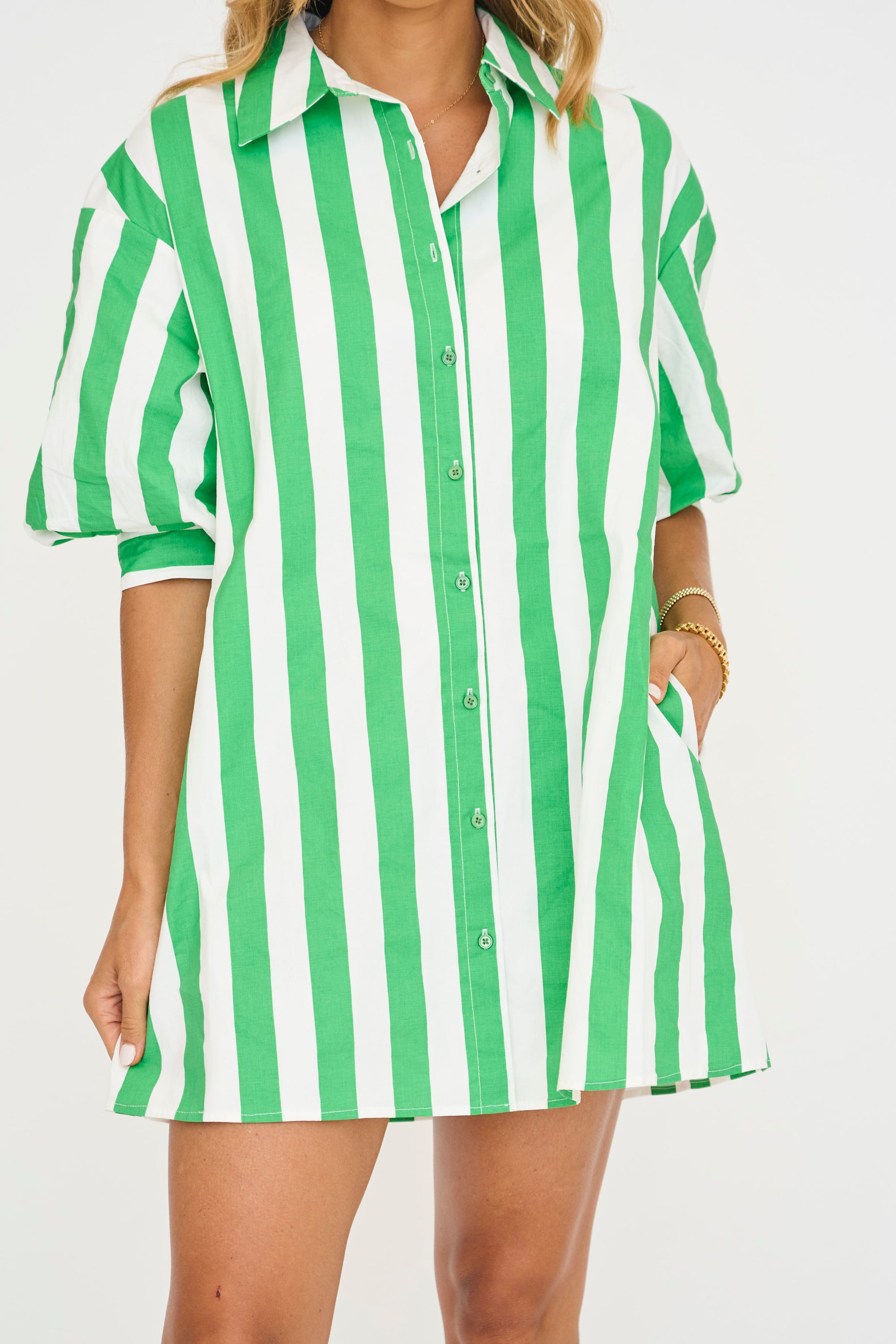 Big Stripe Shirt Dress - Green and White