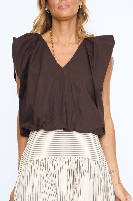 Fall Solid Poplin V-Neck Bubble Top