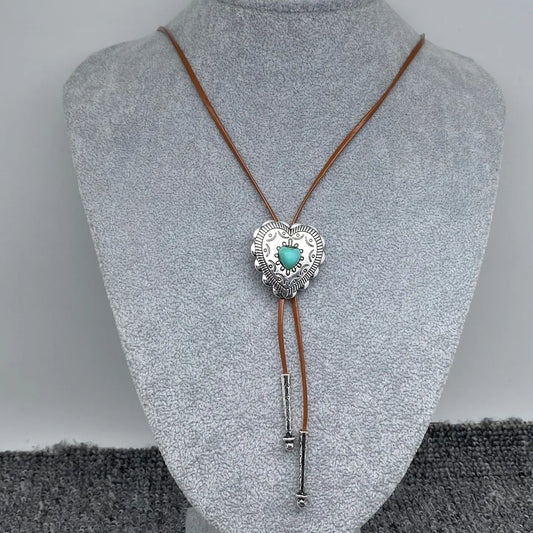 Turquoise Heart Leather Rope Lariat Necklace