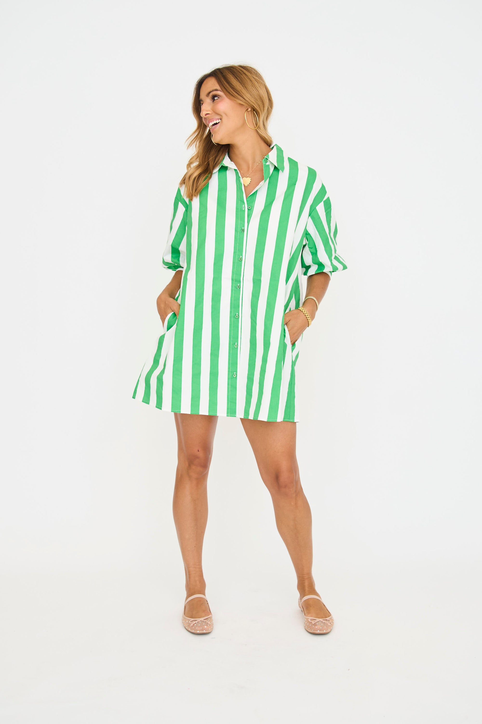 Big Stripe Shirt Dress - Green and White