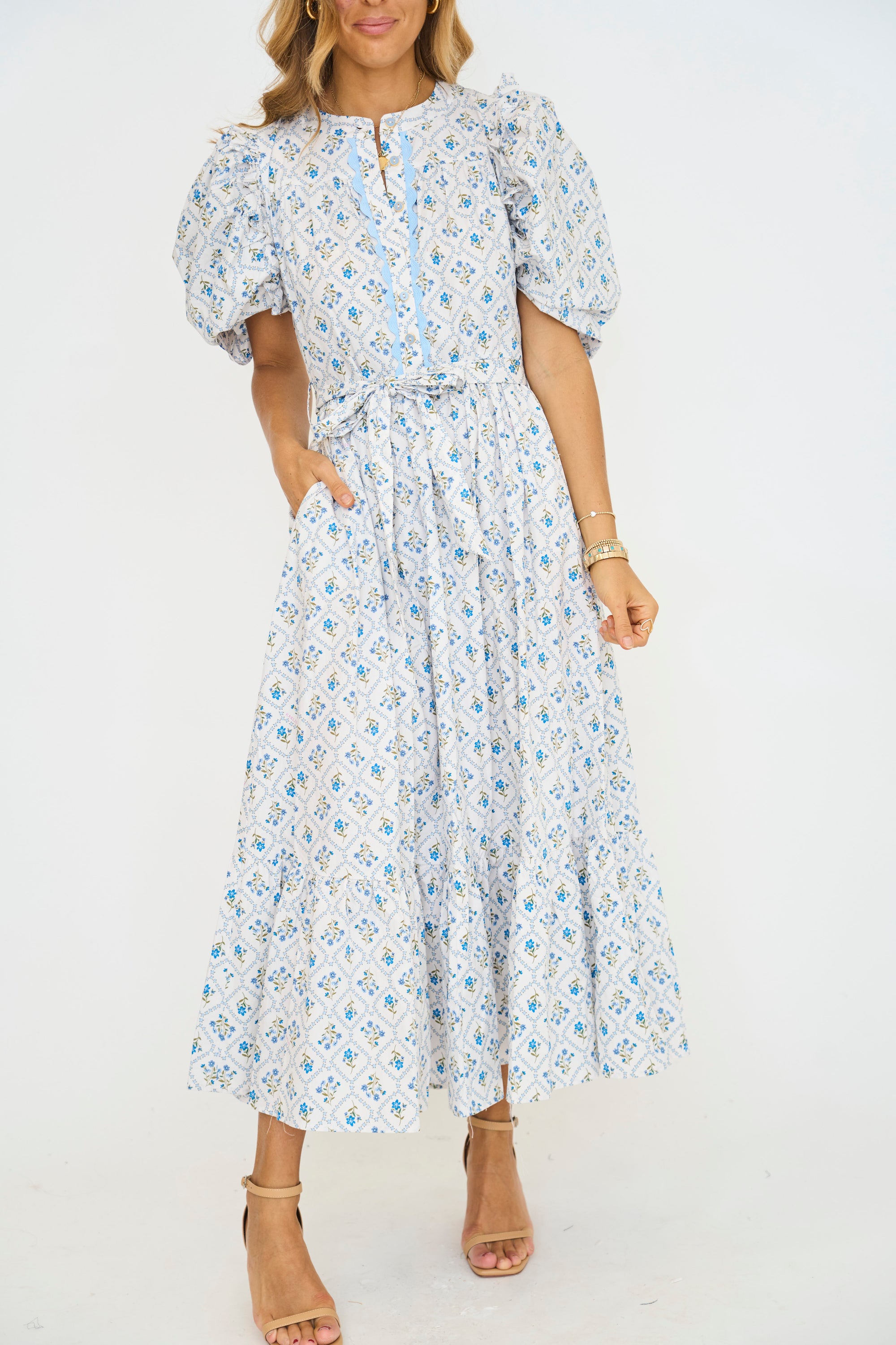 French Floral Garden Puff Sleeve Maxi Dress