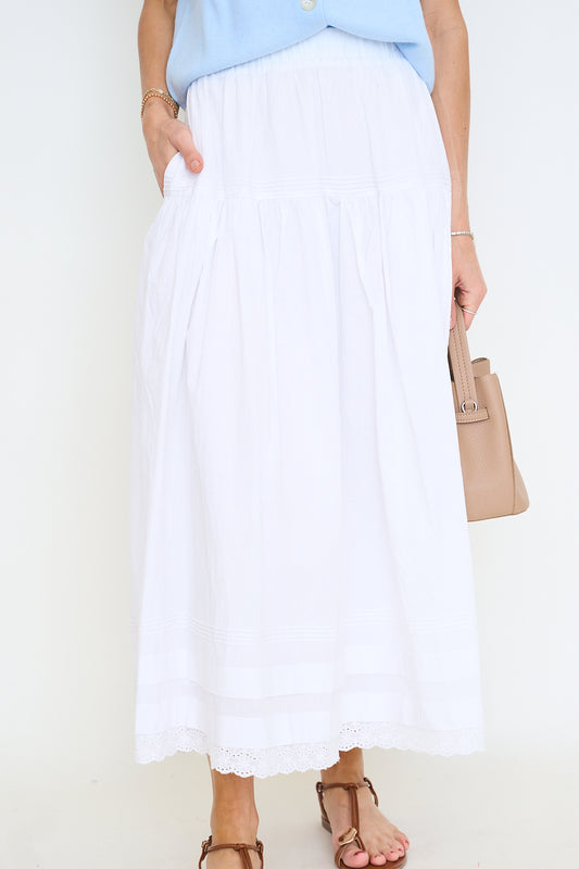 Tiered Pintuck Eyelet Lace Trimmed Midi Skirt