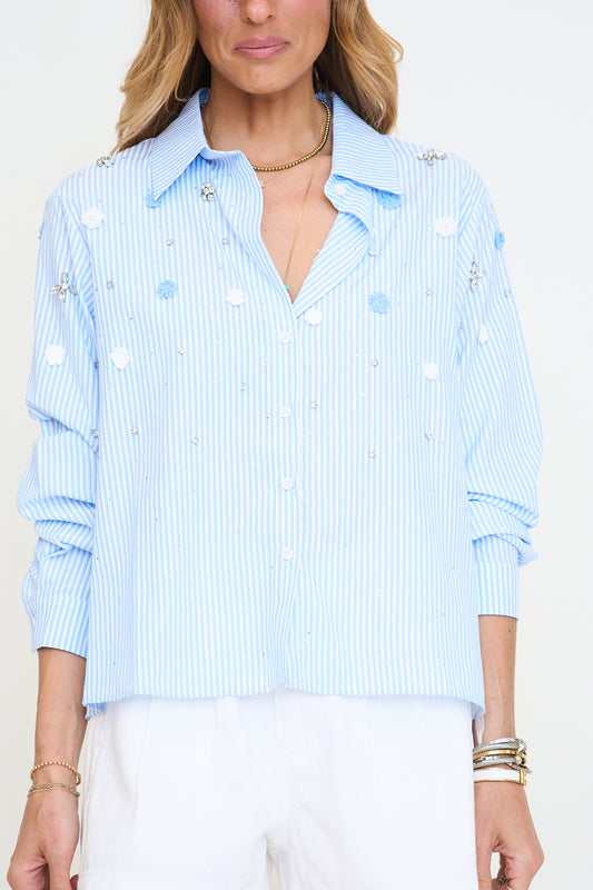 Flower And Rhinestone Embellished Stripe Shirt