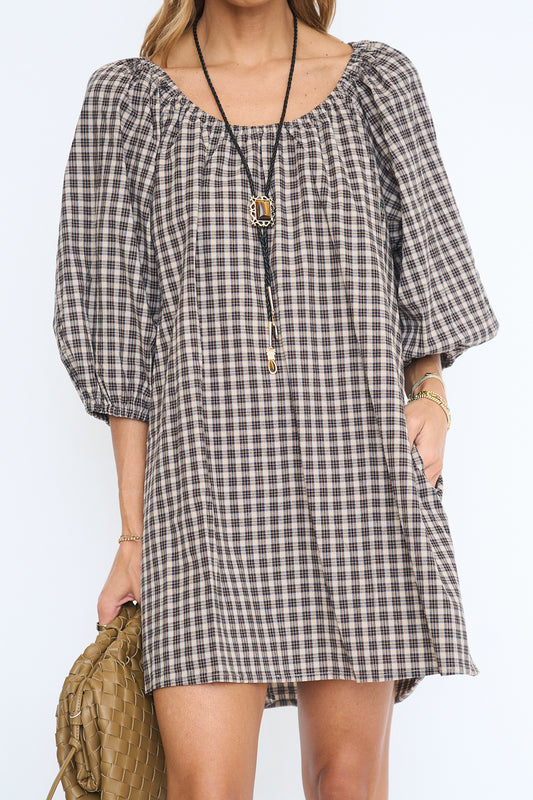 Ollie Plaid Bubble Sleeve Dress