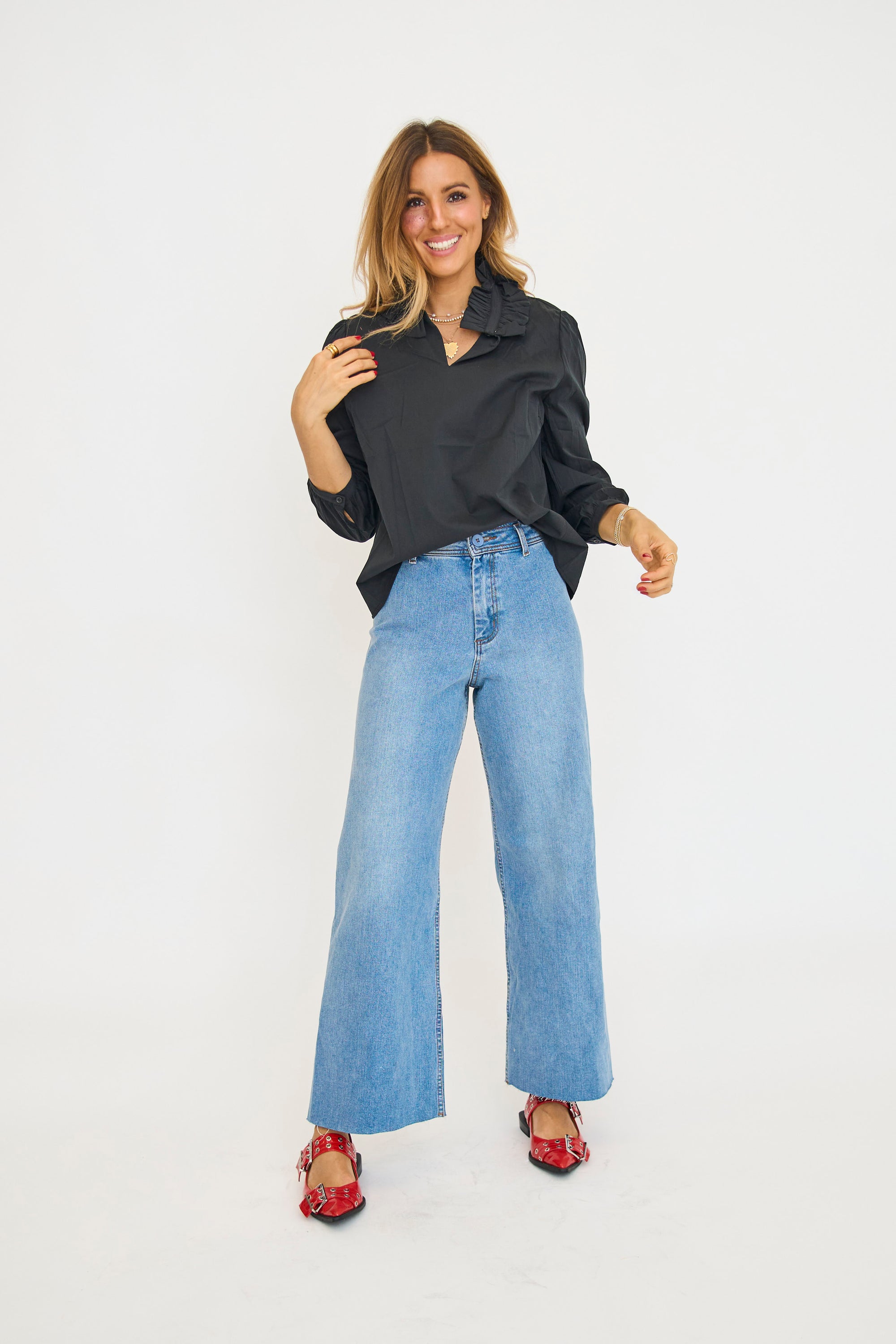 Solid Black Poplin Vneck Blouse