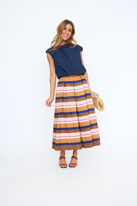 Autumn Stripe Pleated Midi Skirt