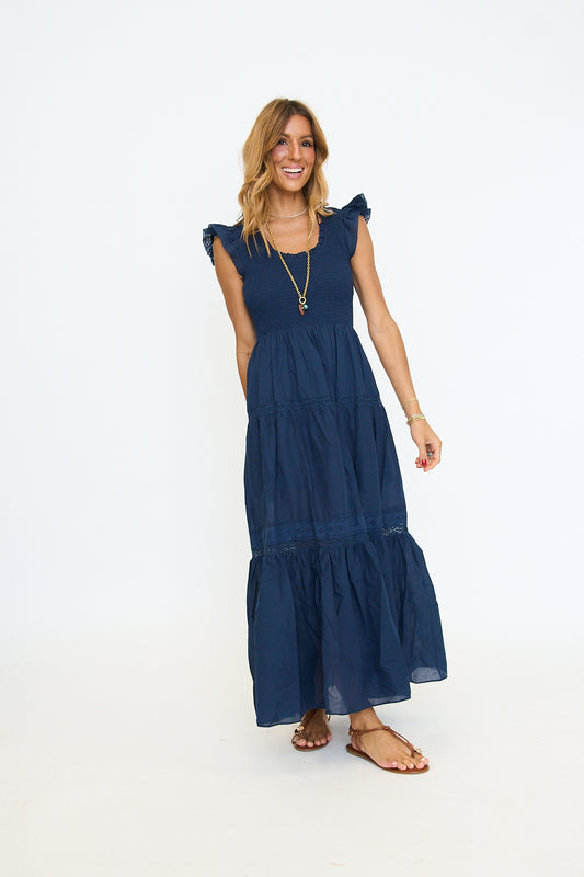 Navy Smocked Bodice Tiered Dress
