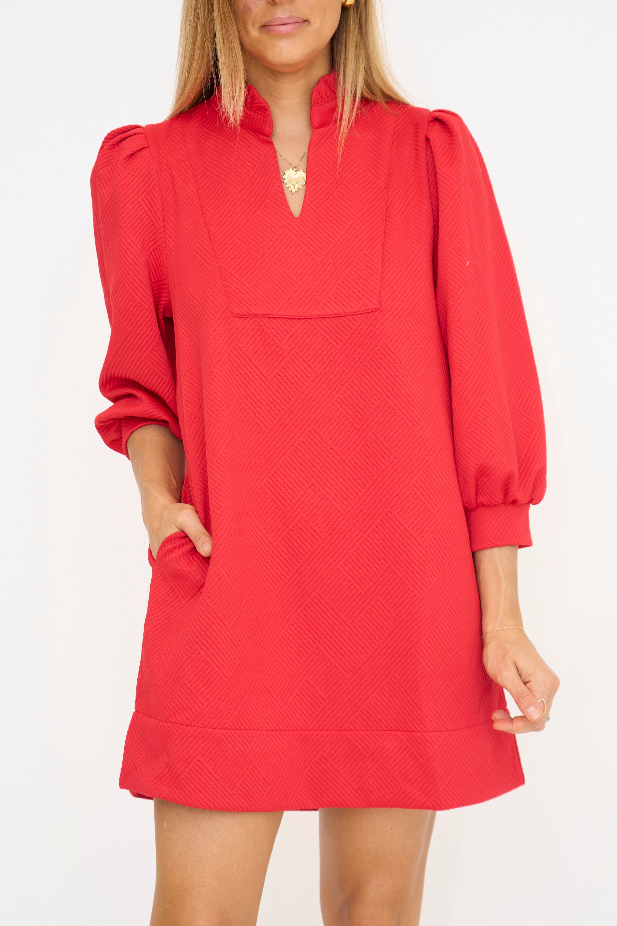 Textured Frilled Vneck Shift Dress