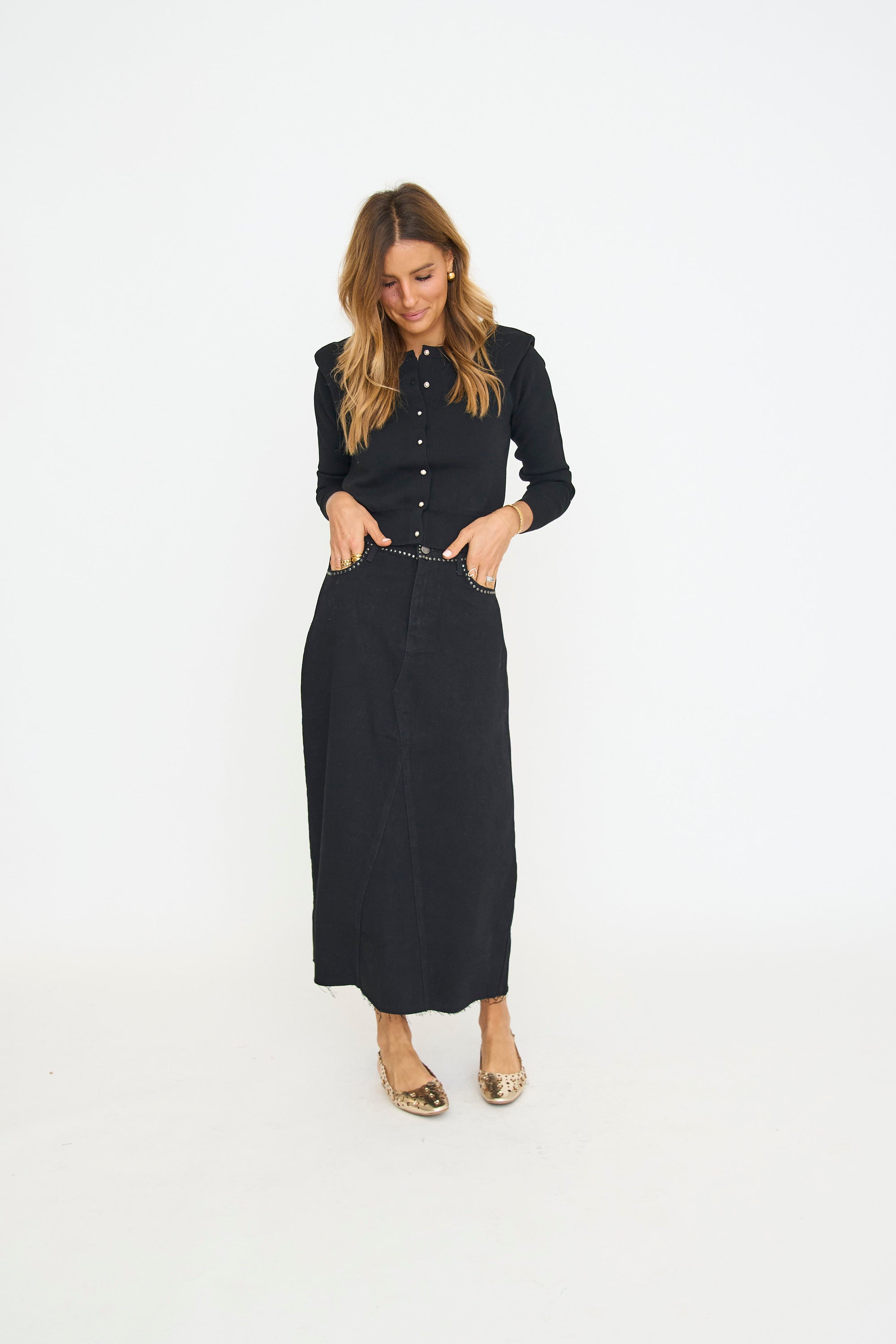 Stud Trim Denim Midi Skirt