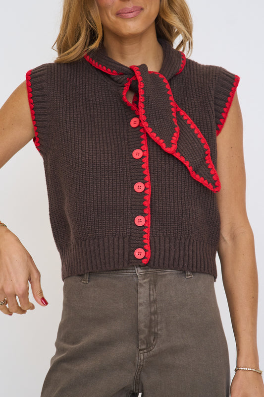 Tie Neck Sweater Vest with Contrast Blanket Stitch