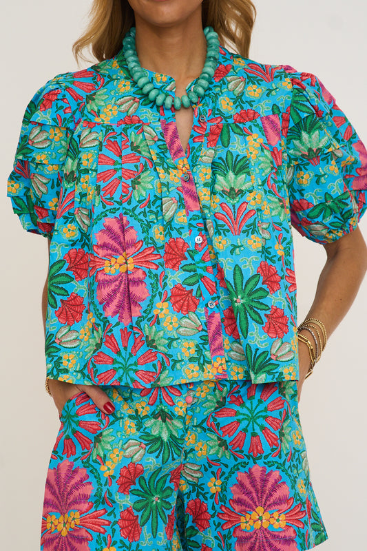 Tropical Pleat Sleeve Top