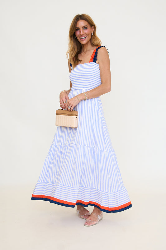 Ruffled Thin Strap Striped Tiered Midi Dress