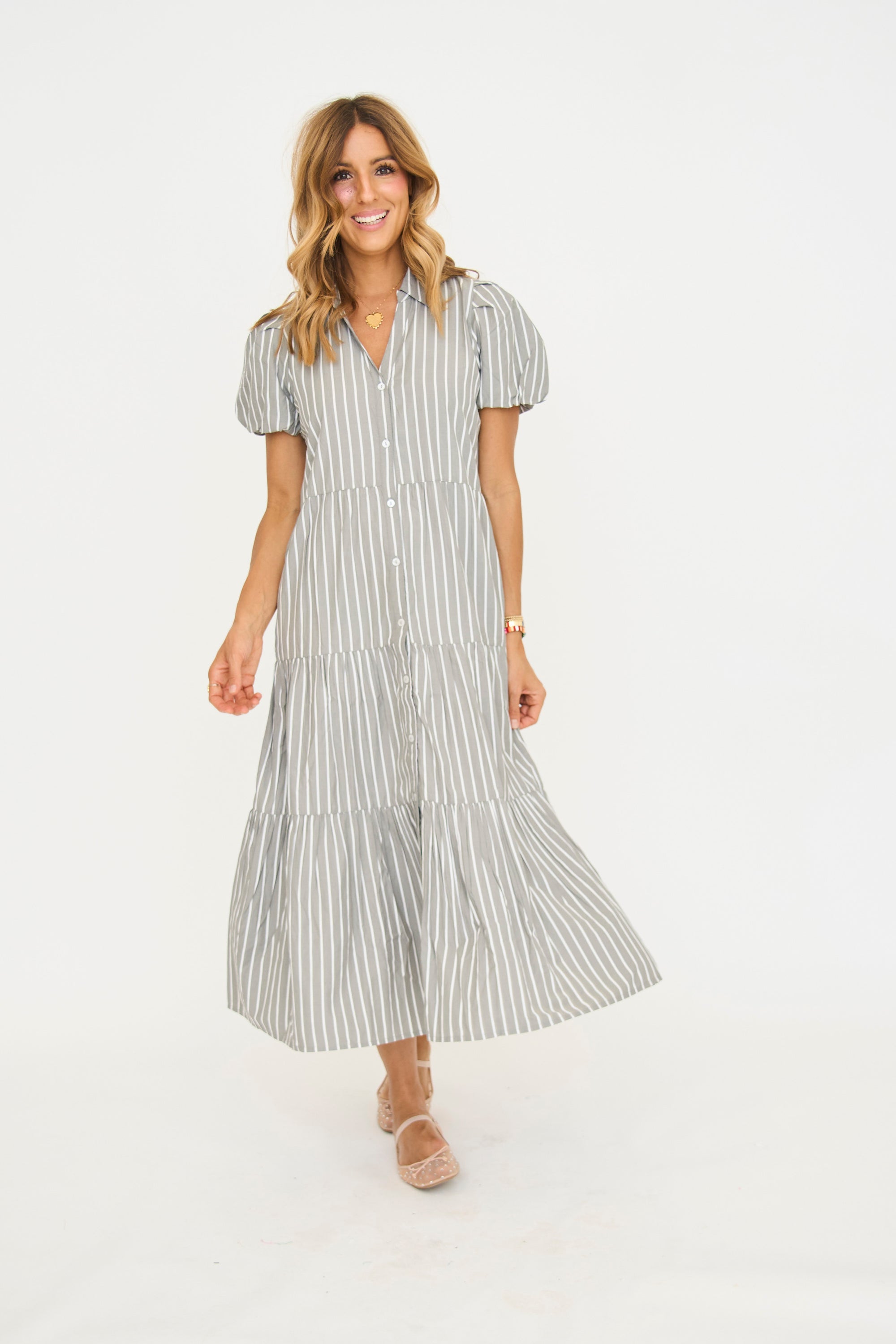 Grey Pinstripe Midi Dress