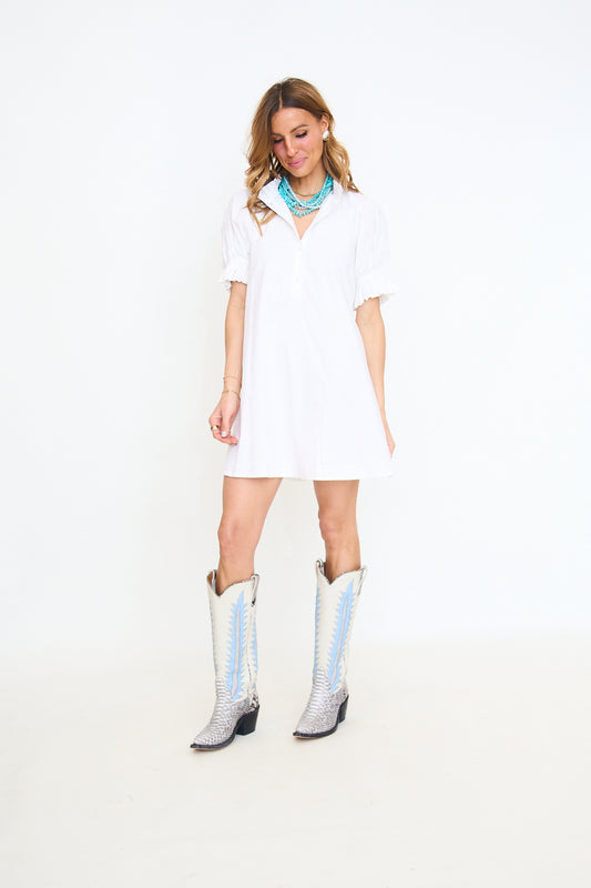 Solid Poplin Ruffle Neck Pleat Back Tie Dress