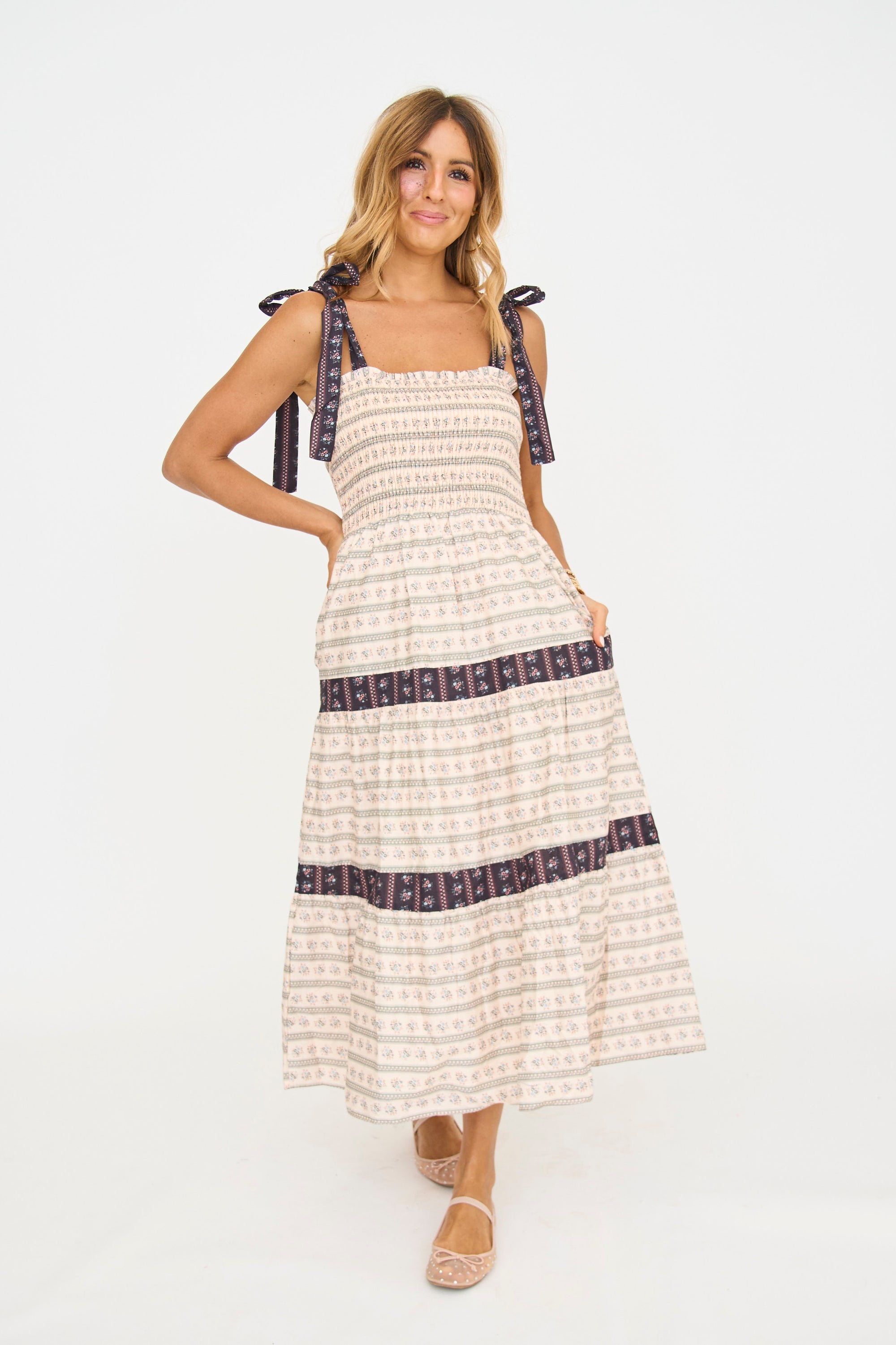 Tatum Smocked Midi Dress in Ivory