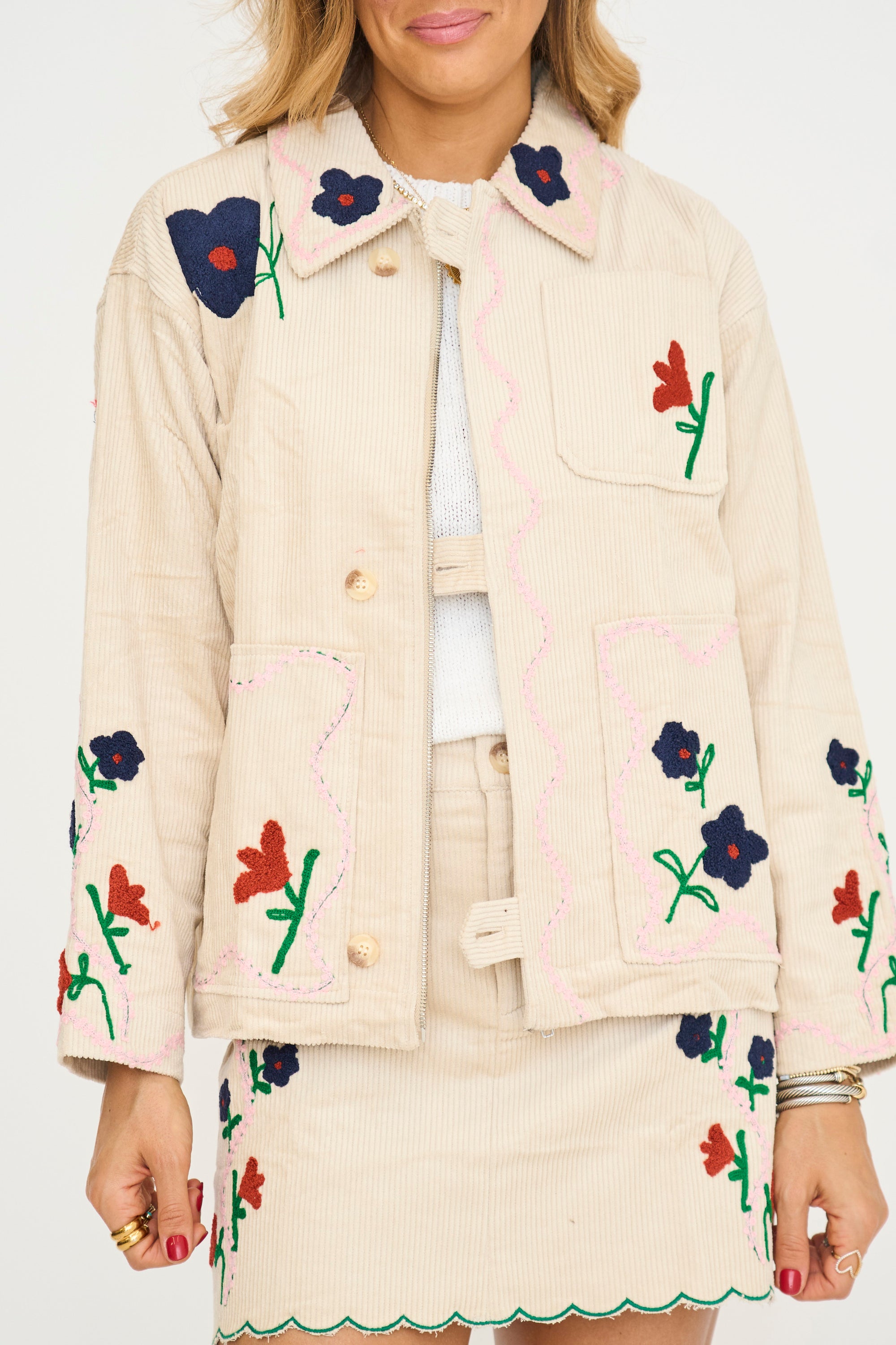 Corduroy Jacket w/ Floral Embroidery