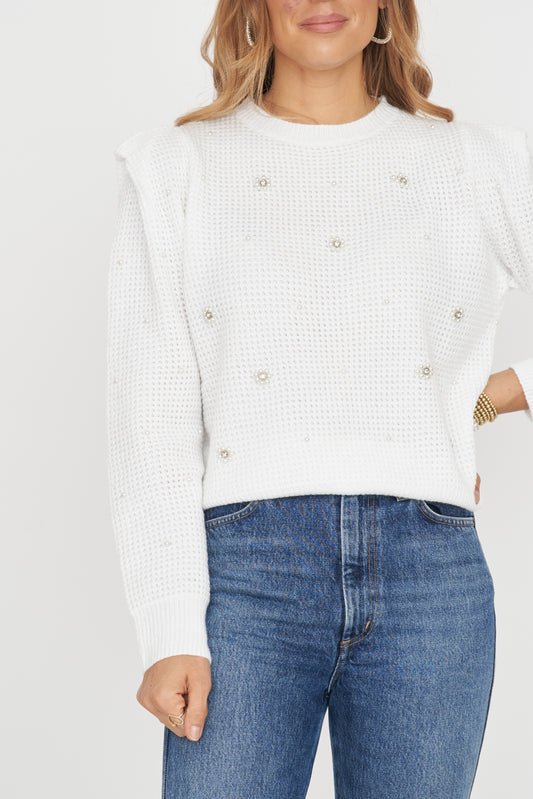 Pearl Flower Trim Waffle Sweater