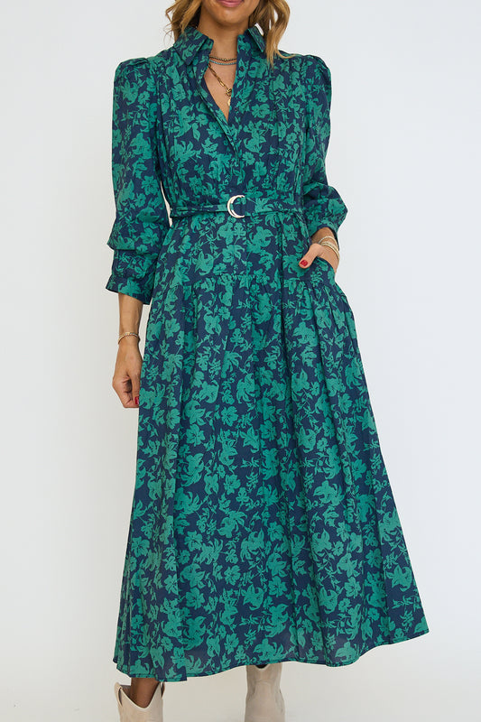 Fall Printed Midi Dress with Belt
