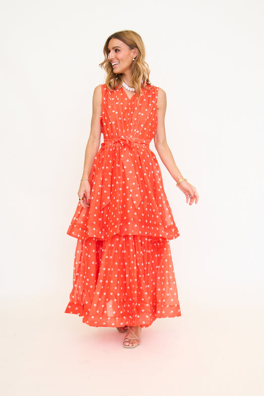 Polka Dot Pattern Tiered V-Neck Sleeveless Maxi Dress