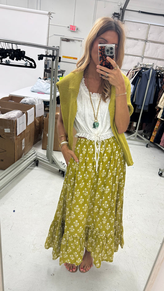 Chartreuse Block Print Maxi Skirt